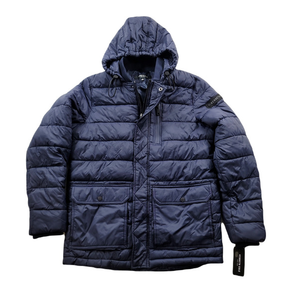 Kenneth Cole Hooded Puffer Jacket Men Small Navy Bellow Pocket New York - Picture 1 of 9